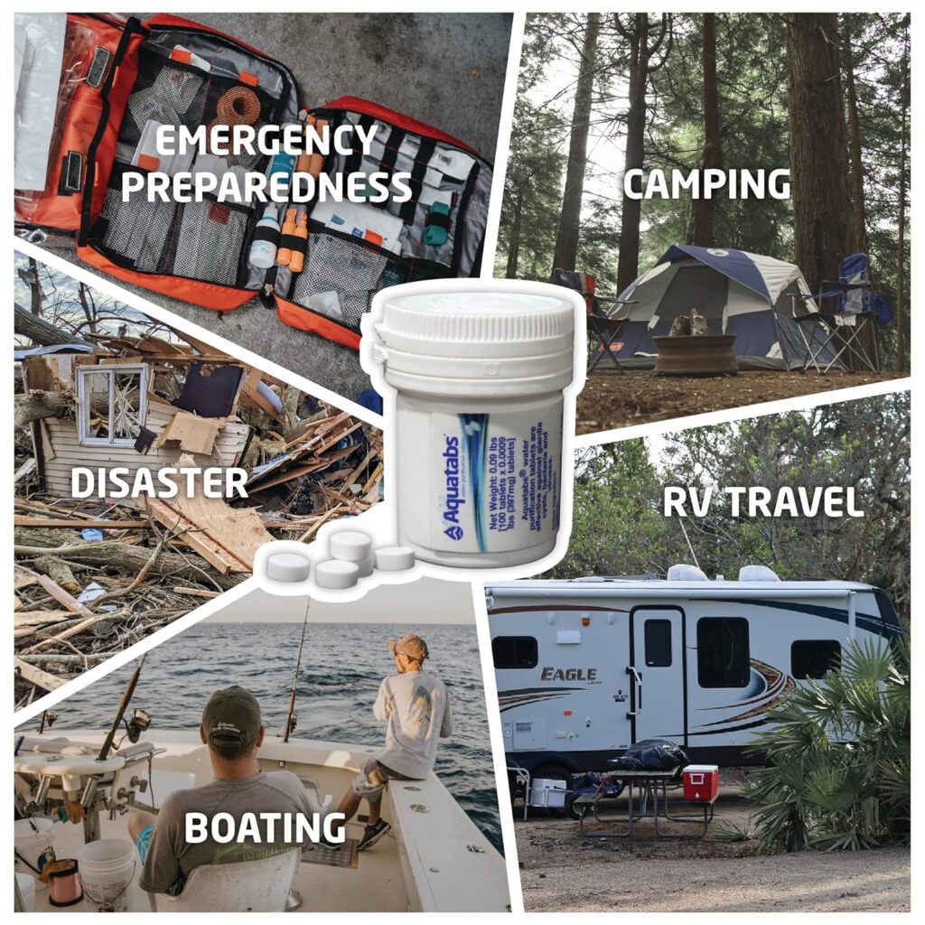 Aquatabs 397mg Water Purification Tablets (100 Pack). Water Filtration System for, Camping, Boating, Emergencies, Survival, RVs, and Marine-Use. Easy to Use Water Treatment and Disinfection.