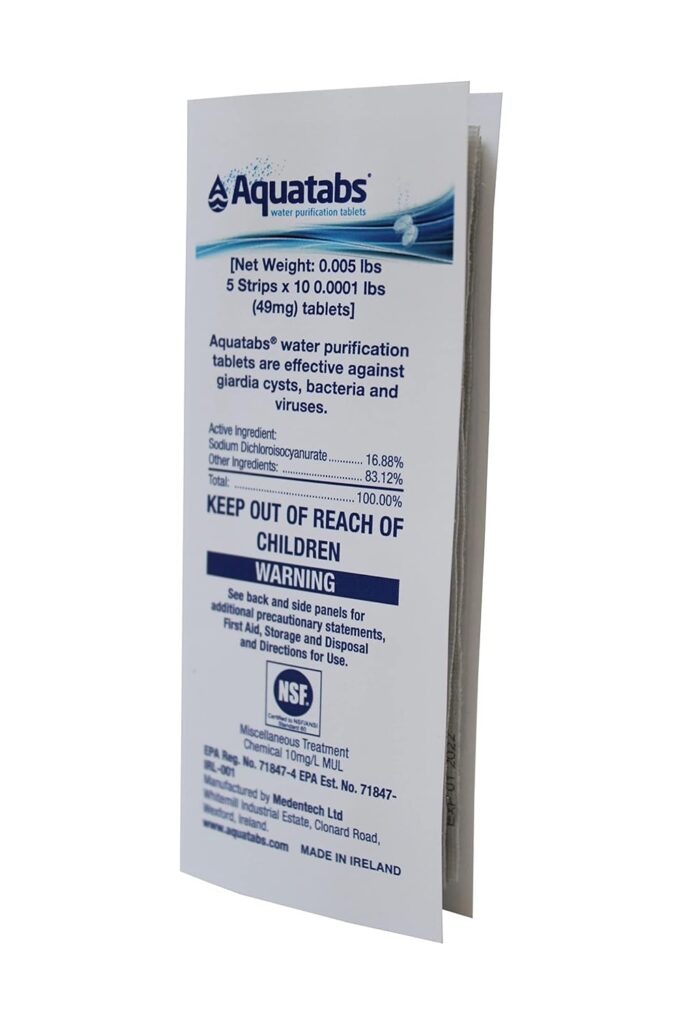 Aquatabs 397mg Water Purification Tablets (100 Pack). Water Filtration System for, Camping, Boating, Emergencies, Survival, RVs, and Marine-Use. Easy to Use Water Treatment and Disinfection.