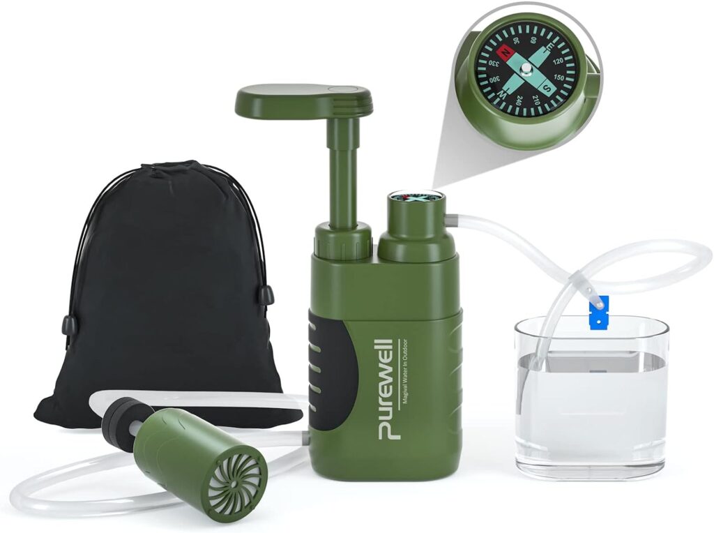Purewell Water Purifier Pump with Replaceable Carbon 0.01 Micron Water Filter, 4 Filter Stages, Portable Outdoor Emergency and Survival Gear - Camping, Hiking, Backpacking